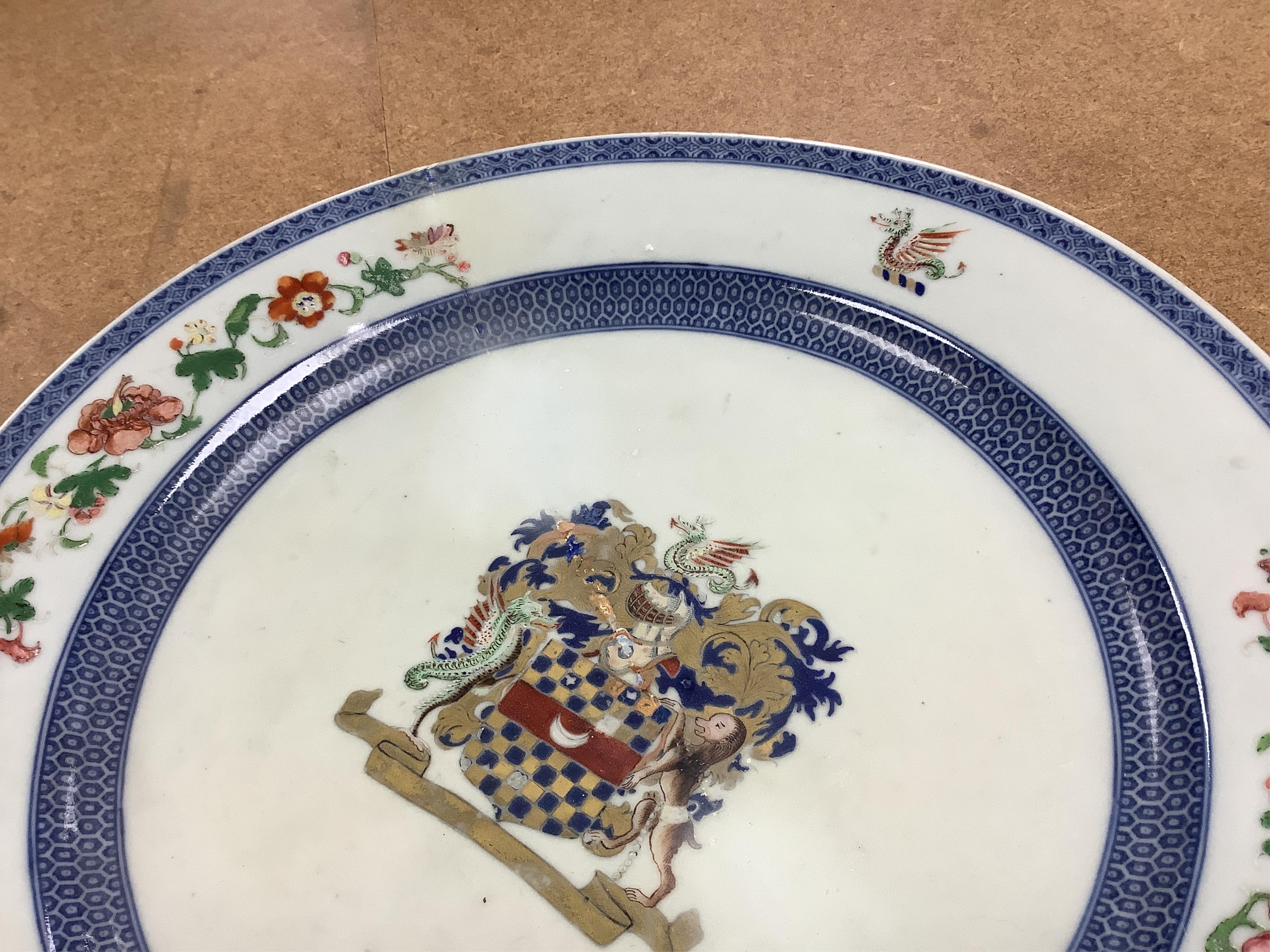Two 18th century Chinese armorial dishes with arms of Way and Clifford, largest 35cm. Condition - both restored